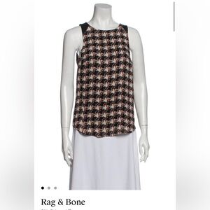 Rag & Bone Black, White, Red Silk Patterned Tank Top - Leather Trim